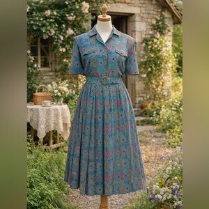 Vintage 1980s Leslie Fay Secretary Style Abstract, Pleated, Belted Dress